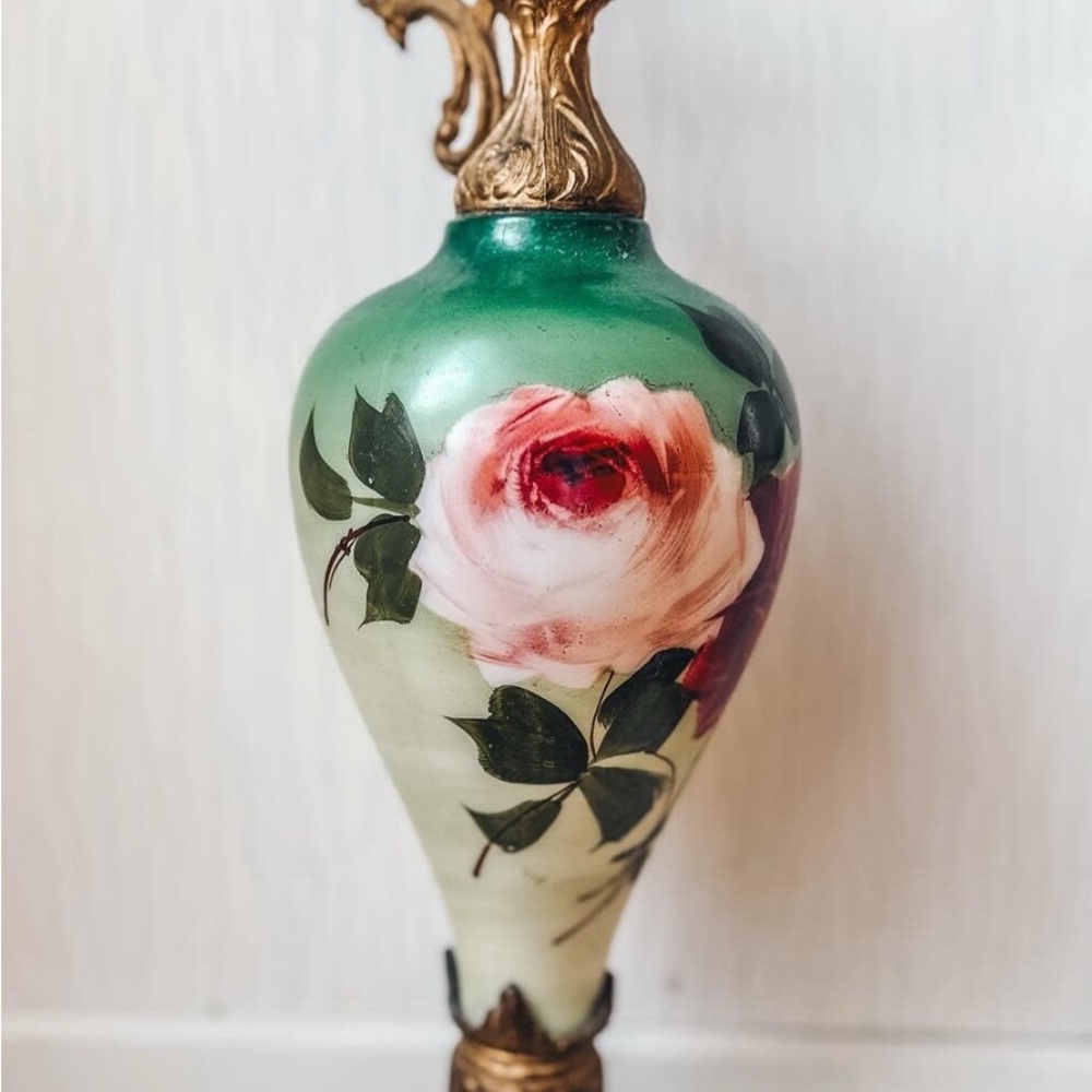 Green and Gold Decorative Vase with Floral Accents
